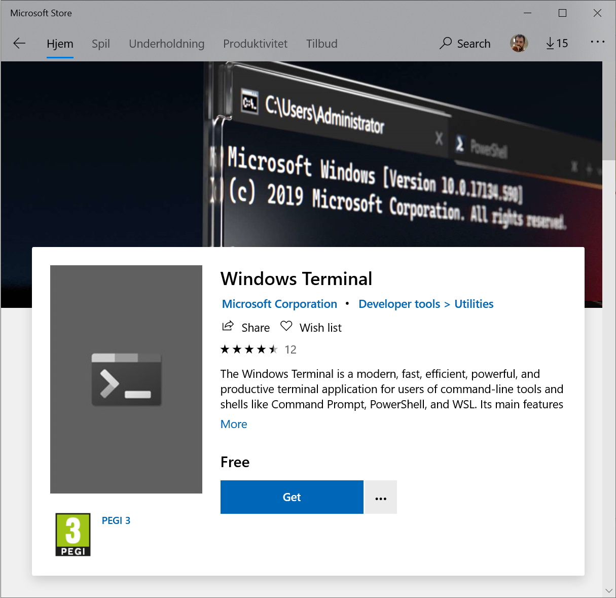 Screenshot of the Windows Terminal app in the Microsoft Store