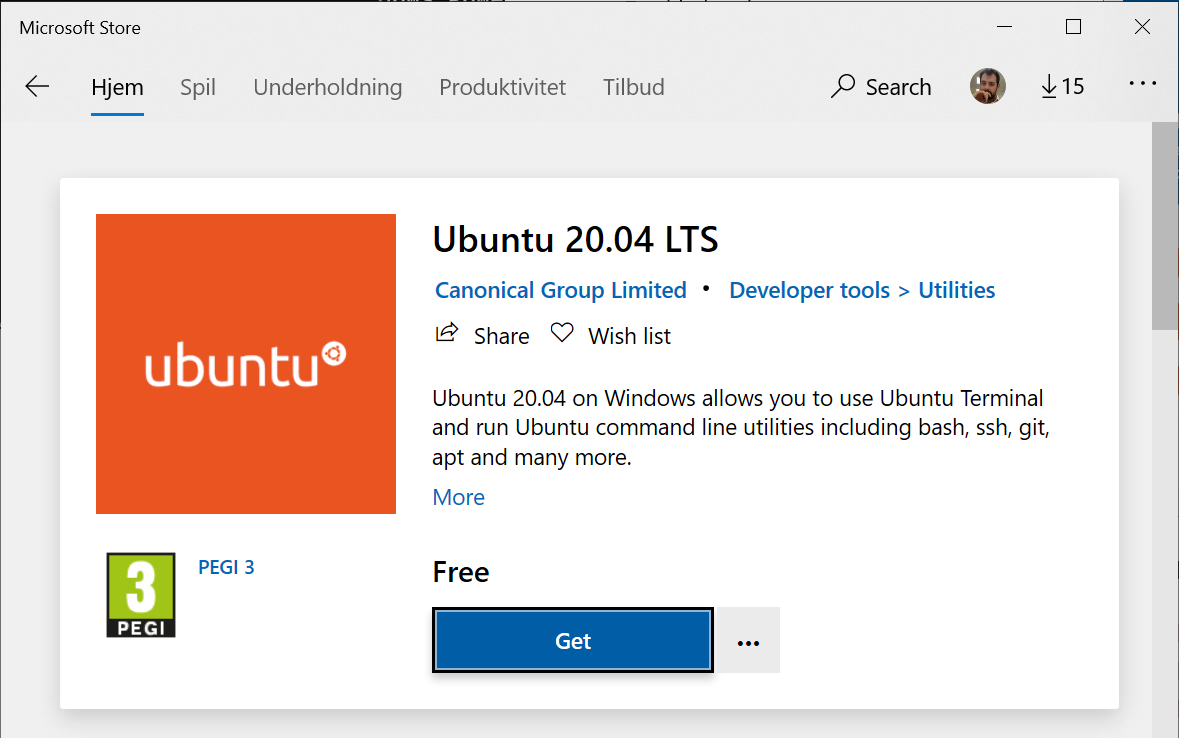 Screenshot of the ubuntu 20.04 in the Microsoft Store